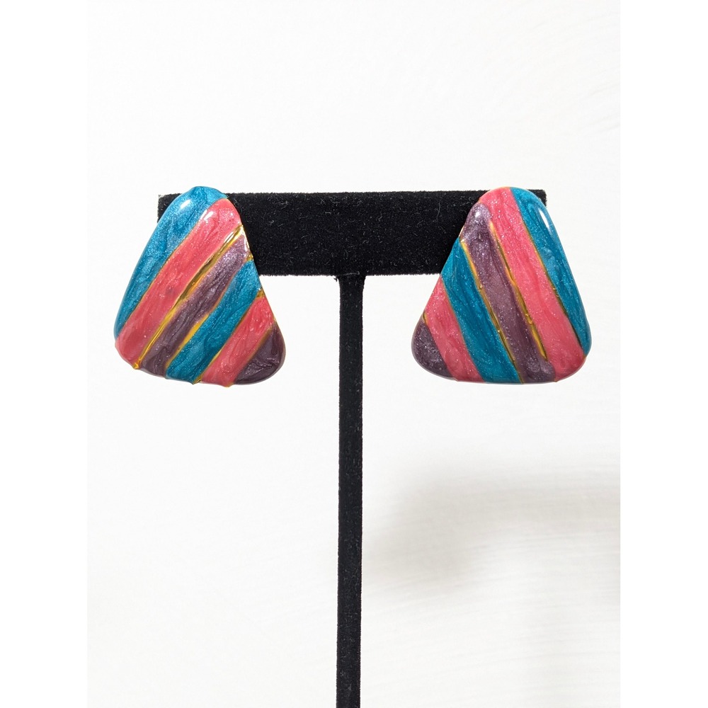 Vintage Y2K Teal Pink Purple Enamel Pierced Earrings Colorful Statement